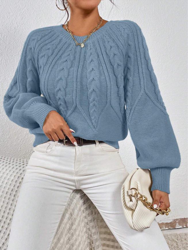 Women's Round Neck Cable Knit Sweater - Long Sleeve, Solid Color, Autumn Winter Versatile Pullover.