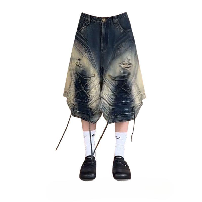 Women s Plus Size Washed Retro Denim Strappy Cropped Wide Leg Pants XL (120-135 jin)