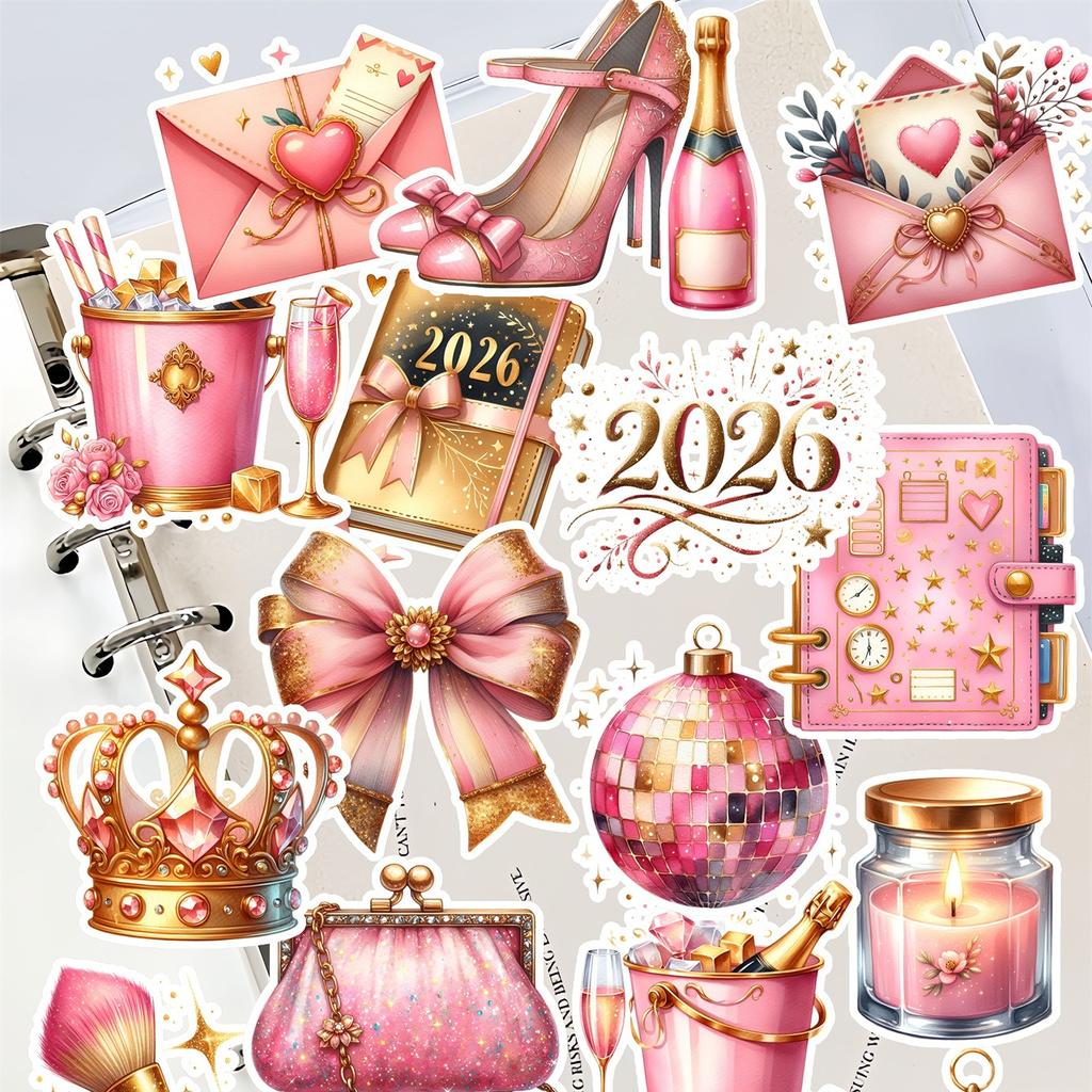20pcs Cute 2026 New Year's Theme Champagne Crown Stickers for Stationery Decoration Girl , Journals and Notebooksks diy