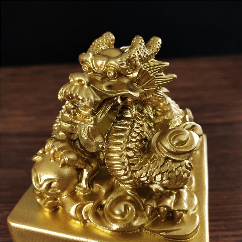 Golden Chinese Dragon Statues Figurine Big Imperial Jade Seal Resin Craft Feng Shui Year Zodiac Dragon Sculpture Home Decoration
