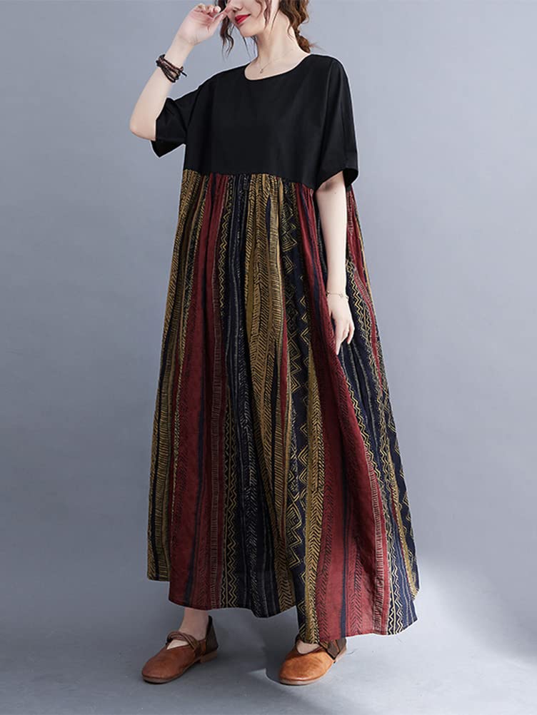 Minesam Summer Floral Print Short Sleeves Free Women's Dress, Two-Tone Design, Oversized, (01 Coffee, Size)