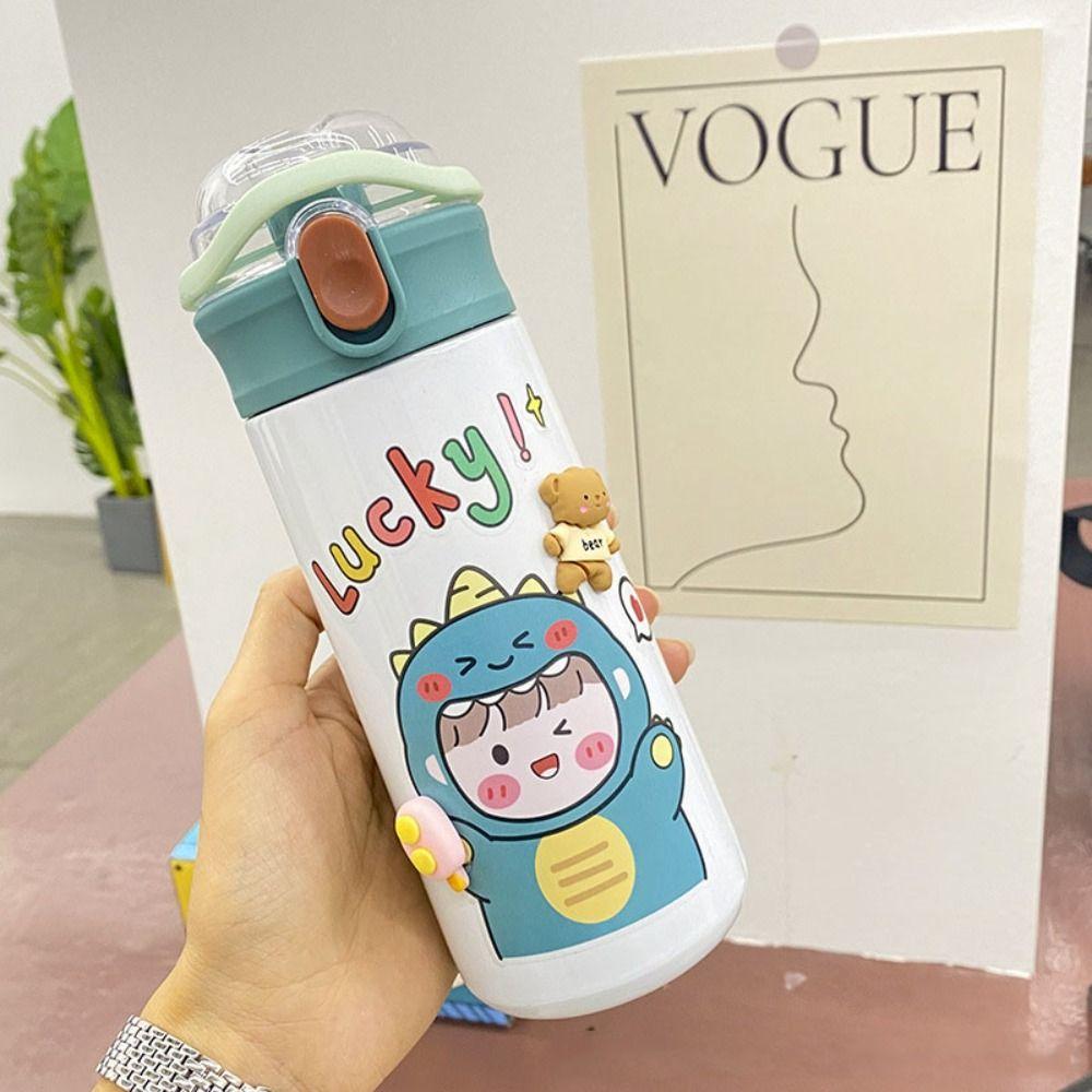 With Straw Cartoon Insulated Water Bottle Large Capacity Thermos Tumbler Car Vacuum Flask  Children