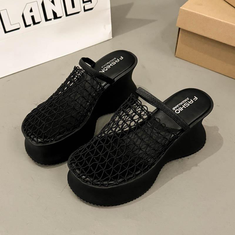 2025 summer new design mesh hollow breathable bag head half slippers women's thick bottom Roman muffin cool slippers