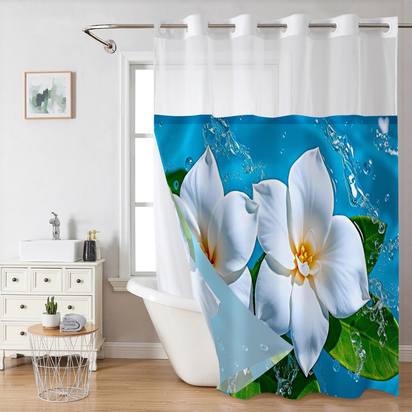 

Бесшовная шторка для душа с цветочным узором и тканевой подкладкой на кнопках, прозрачным верхом-окном, водонепроницаемая двухслойная занавеска для ванны 180X188cm синий