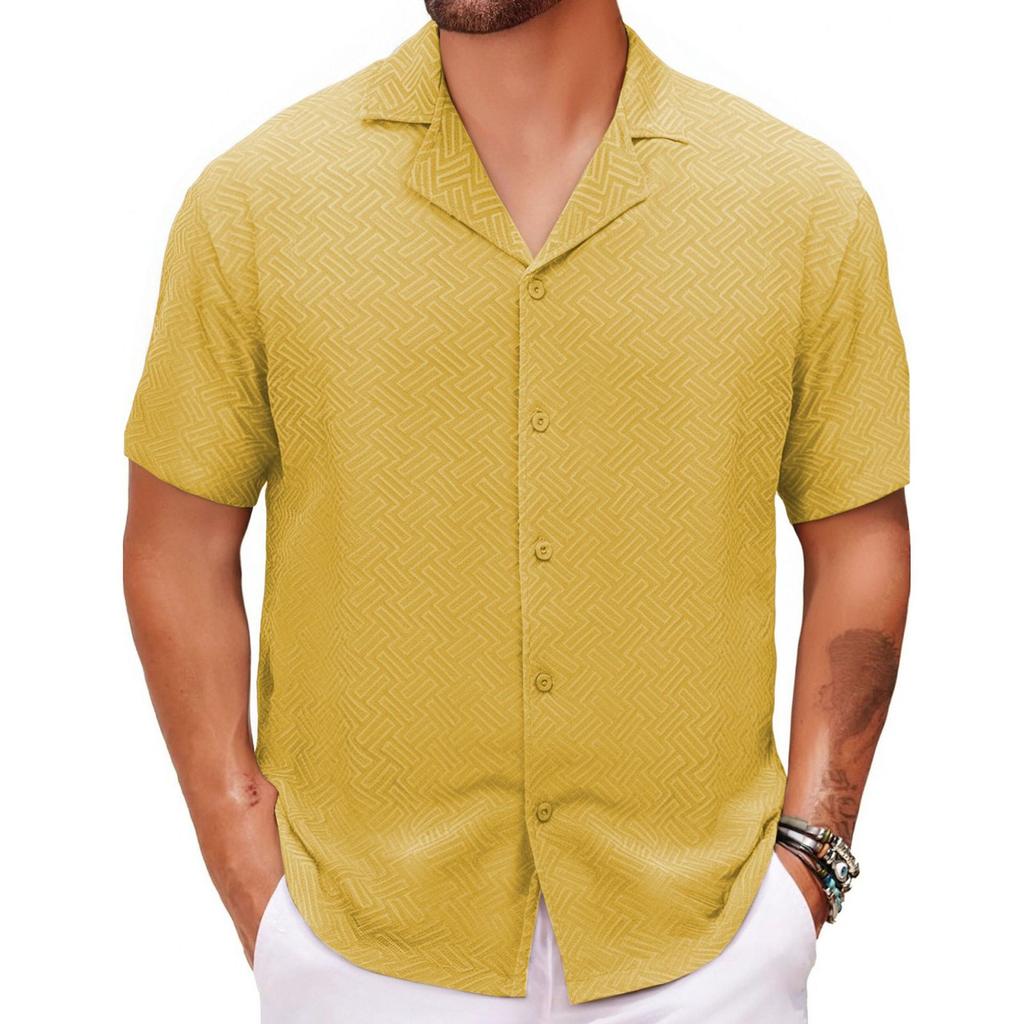 Men's Summer Casual Flower Shirt Fabric Cuban Collar Short Sleeve Shirt