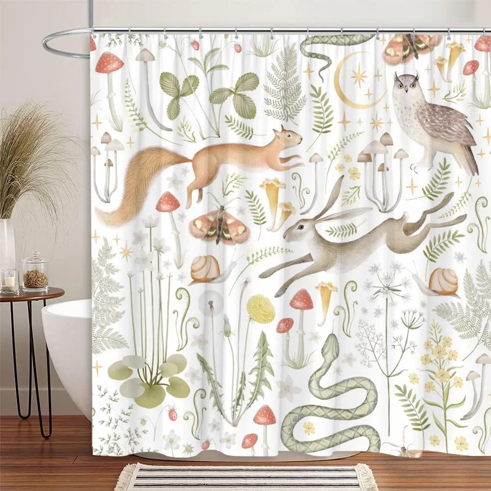 Vintage Mushroom Shower Curtain Bohemian Botanical Butterfly Wildlife Leaf Flower Polyester Fabric Bathroom Decor Curtains Set