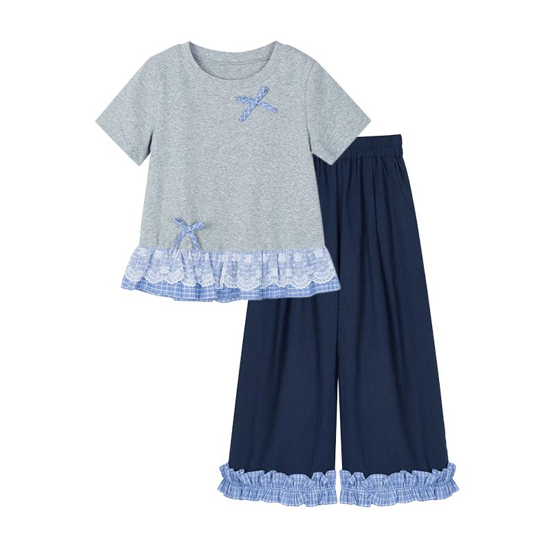 Girls  Summer Lace Splicing T-Shirt & Wide-Leg Pants Set 120