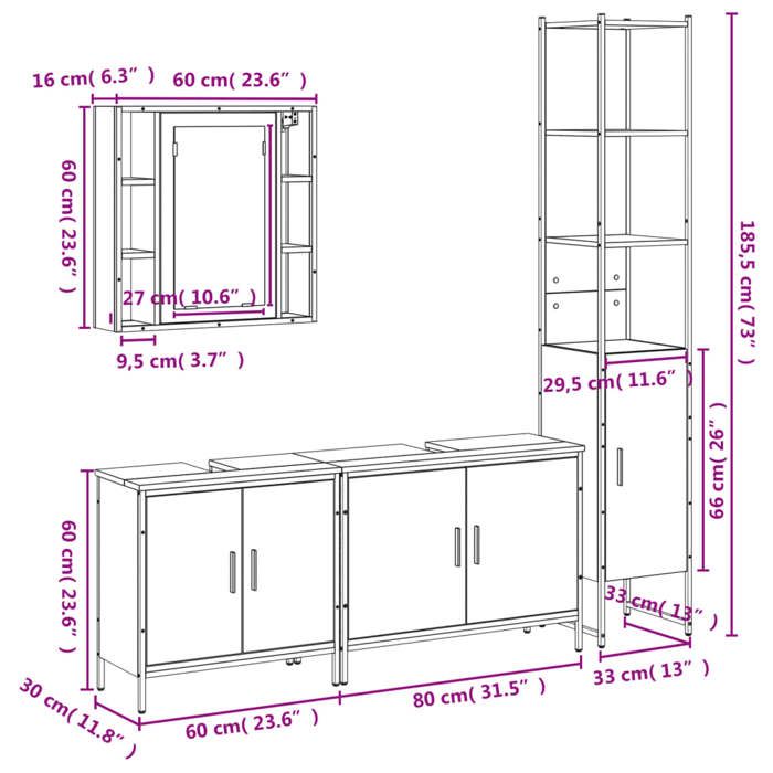 VidaXL Ensemble de Meubles Salle de Bain 4 pcs, Armoires de Lavabo avec Miroir, Placards de Rangement Toilette, Industriel, 3214750