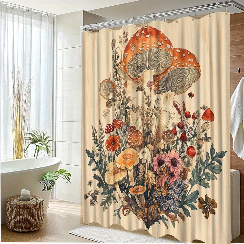 1Pc Colorful Floral Shower Curtain With Beautiful Mushroom Prints, Decorative Bath Curtain In Polyester Fabric For Bathroom,