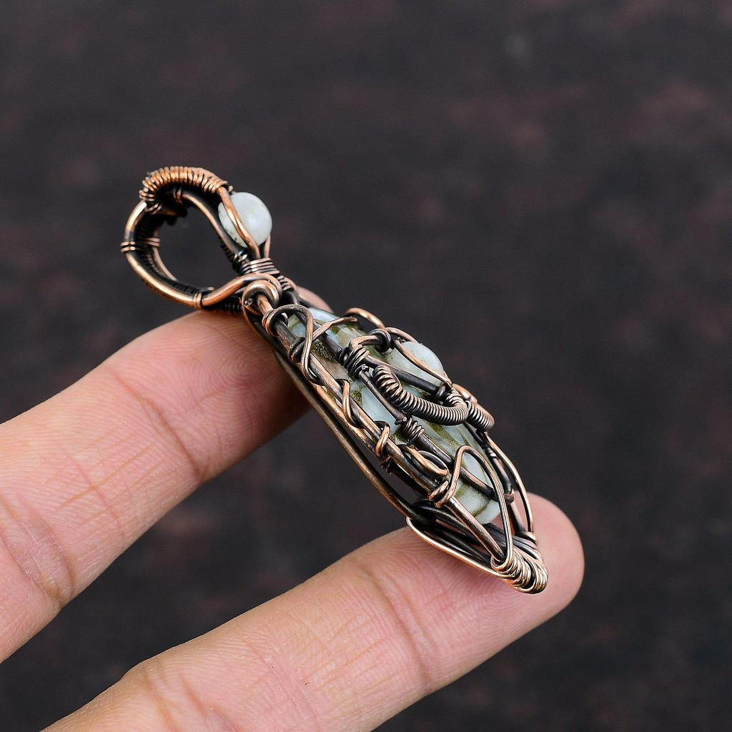 Böses Auge Kupfer Larimar Anhänger Kupferdraht umwickelter Edelsteinanhänger Handgefertigter Böses Auge Schmuck Zarter Regenbogenmondstein Anhänger Geschenk für Ihn