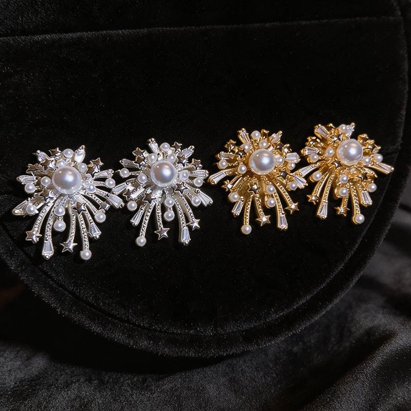 18k Gold-Plated Zircon Pearl Fireworks Stud Earrings – Elegant Luxury Design