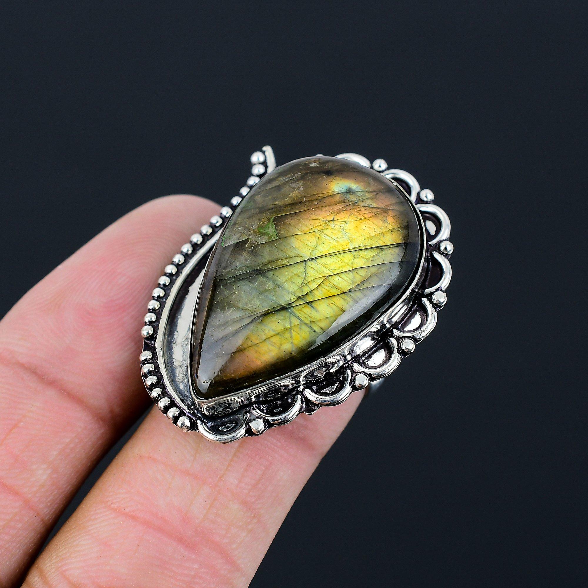 Daughters Day Sale Sterling Silver Natural Labradorite Solitaire Ring Size 7.5 7.5