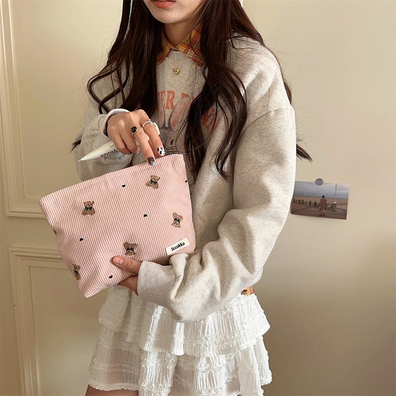 Portable Cartoon Bear Makeup Bag Corduroy Large Capacity Cosmetic Bag Pen Bags For Women Lady Girl