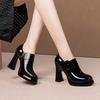 Spring and Autumn New Fashion High Heels Fashion Square Buckle Round Head Thick Heel Single Shoes Women Patent Leather Women's Shoes