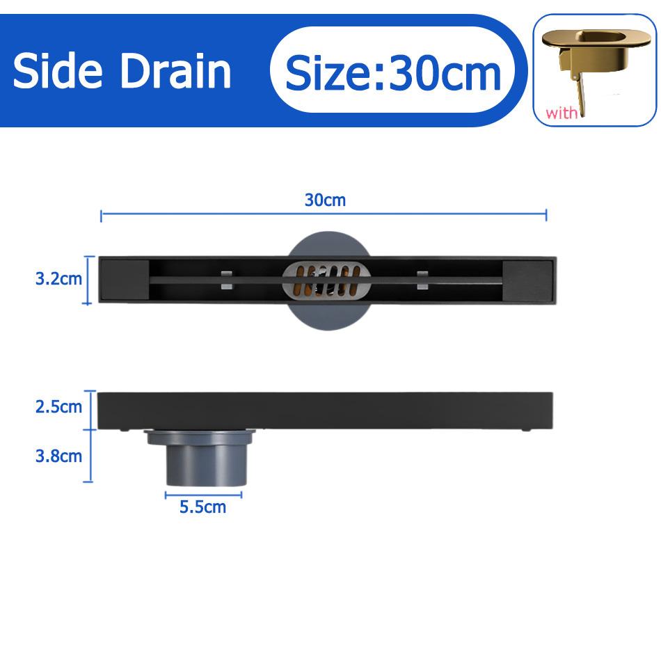 Black Floor Drain 30 40 50cm Kitchen WC Bathroom Shower Large displacement Linear Drainage Side Floor Drains 304 Stainless Steel