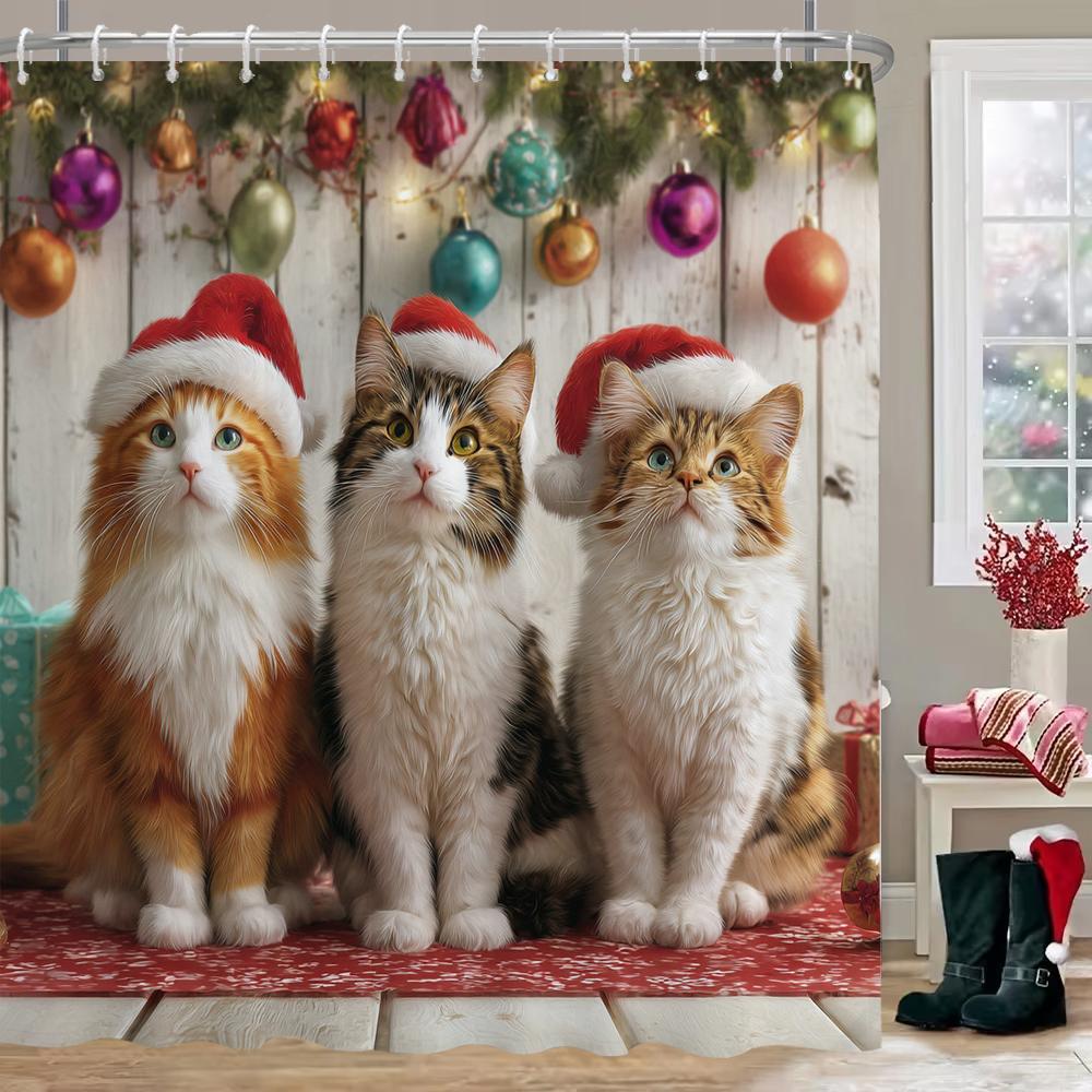 Christmas Shower Curtain, Bathroom Decorative Cartoon Cat And Dog Christmas Shower Curtain, Waterproof Shower Curtain With Hooks