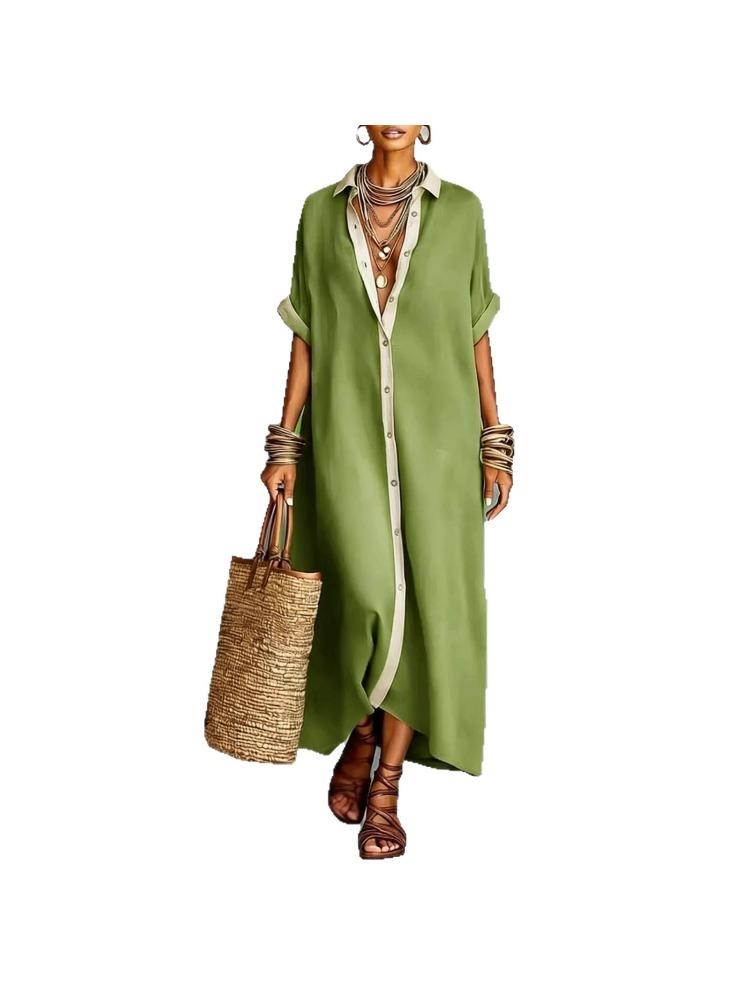 Women's Colour-blocked Loose-fit Long-Sleeve Cotton-Linen Polo Neck Shirt Dress – A Stylish Comfortable and Casual Dress for Women
