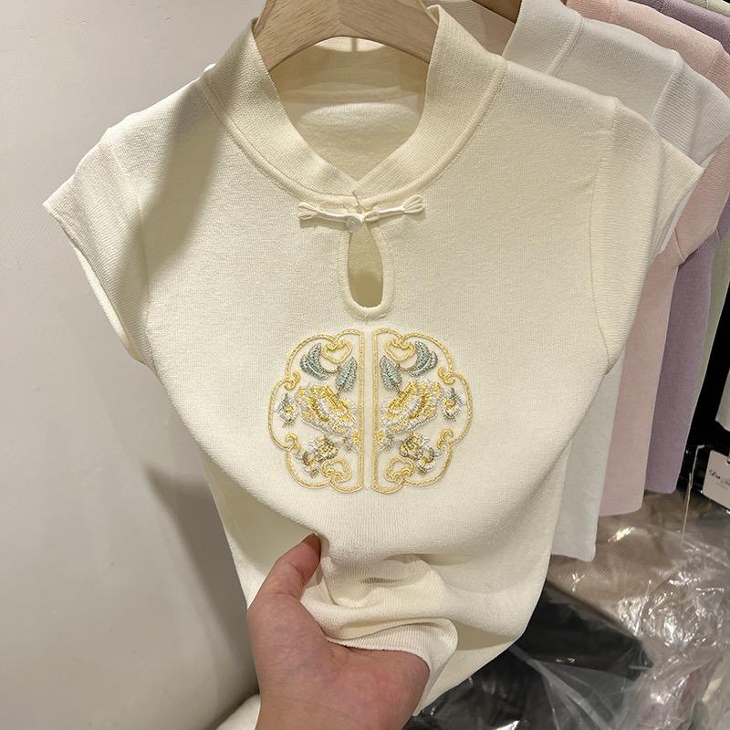 

Женские свитера, пуловеры 2025 Лето Без рукавов Воротник-стойка Вышивка Вязаный Черный свитер Женские топы Пуловер JJ247 One Size абрикосовый