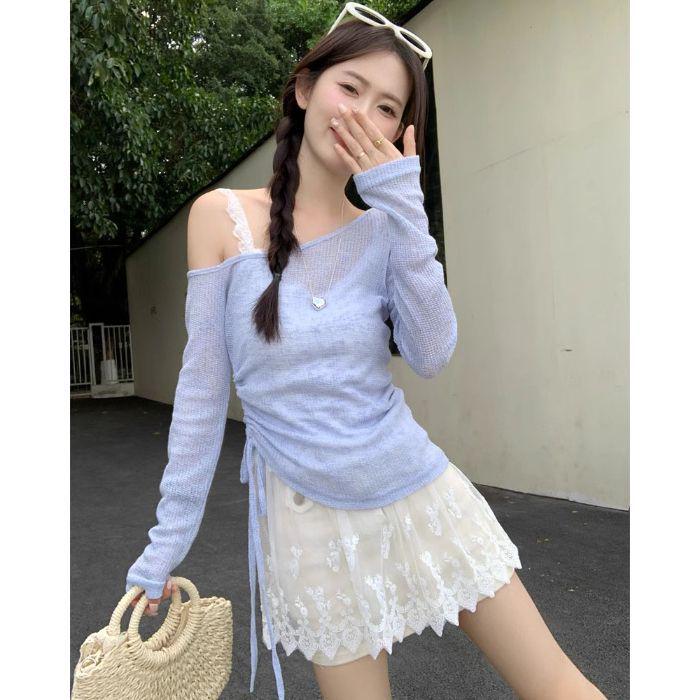 Damen Sommer 2025 Urlaubsstil Set: Spitzen-Camisole, Schulterfreier Kordelzug-Cardigan mit dünnen langen Ärmeln zum Sonnenschutz