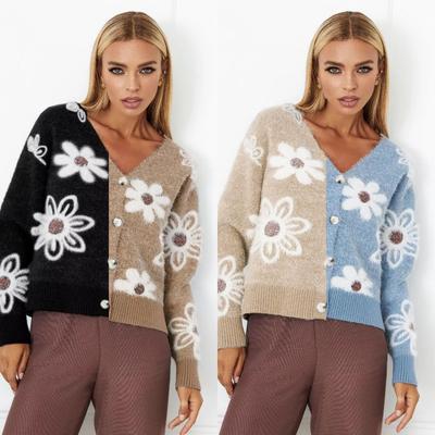Short Flower Knitted Cardigan Autumn V-Neck Mink Jacquard Sweater Women's Jacket