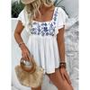 Summer New Printed Square Neck Pullover T-shirt Top Blouse, European American Style Leisure Casual Top