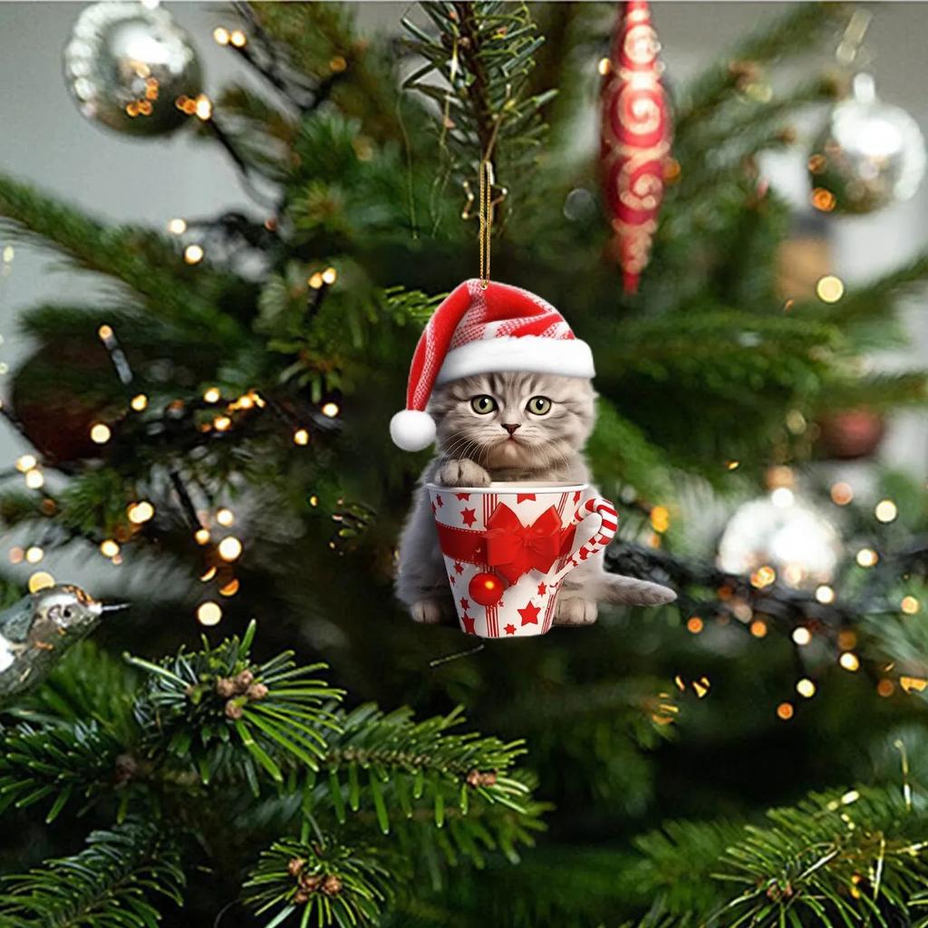 2D Acrylic Cat Christmas Tree Pendants, Cartoon Cute Hanging Ornaments for Home Party Decor New Year Gift 2026