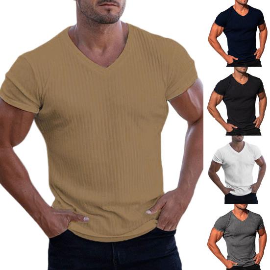 V-neck Short Sleeve Vertical Striped Lines Men T-shirt Solid Color Simple Summer Tee Shirt Streetwear