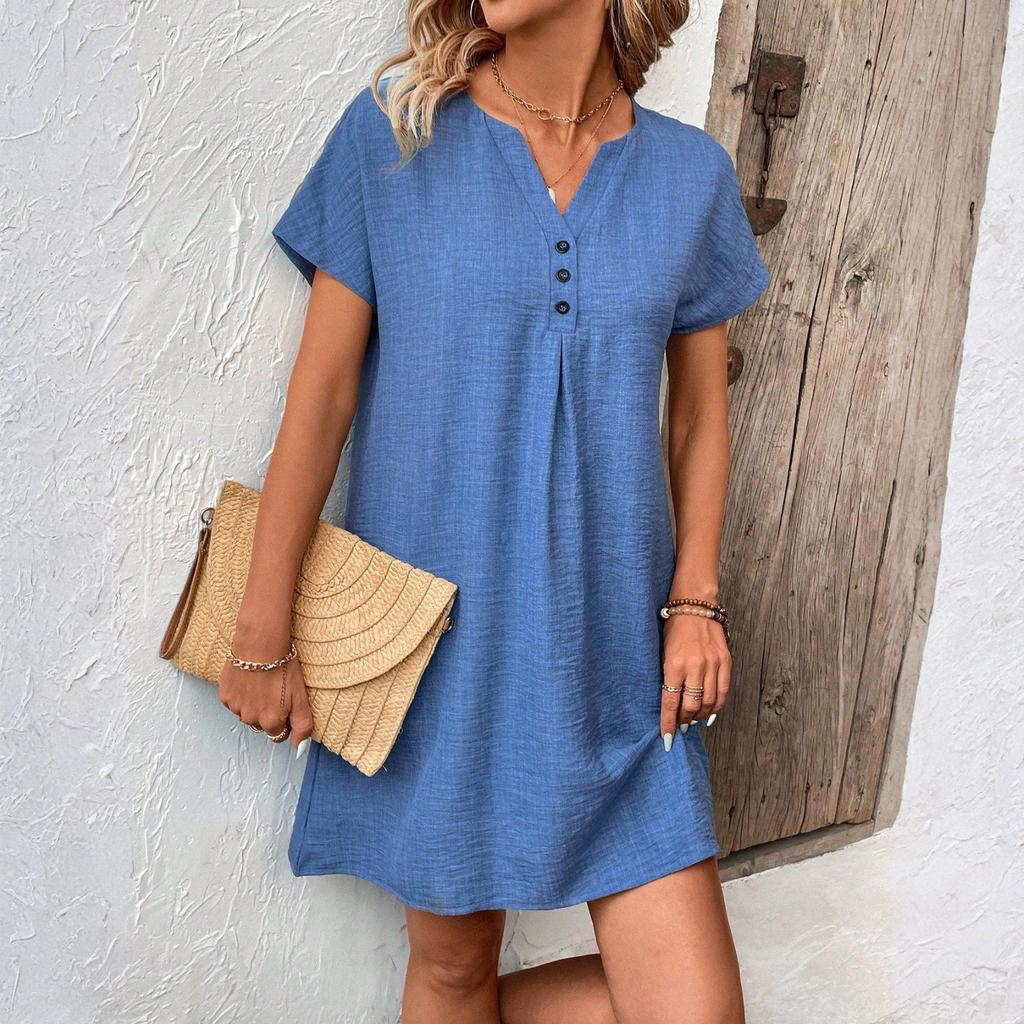 Ladies' Loose Comfortable Casual And Fashionable Summer Solid Color V-neck Tie Buckle Dress
