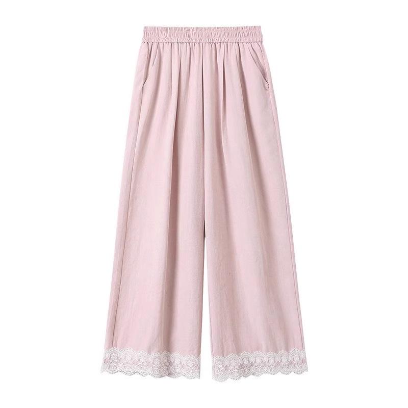 Petite Pink Lace Trim Wide Leg Women's Spring Summer Pants