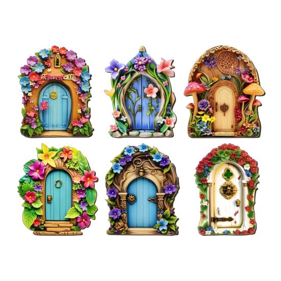 Wooden Fairy Garden Decoration, Tree Hollow Cottage Door with High-Definition UV Printing, Waterproof Acrylic Outdoor Garden Ornament for Plants Pots