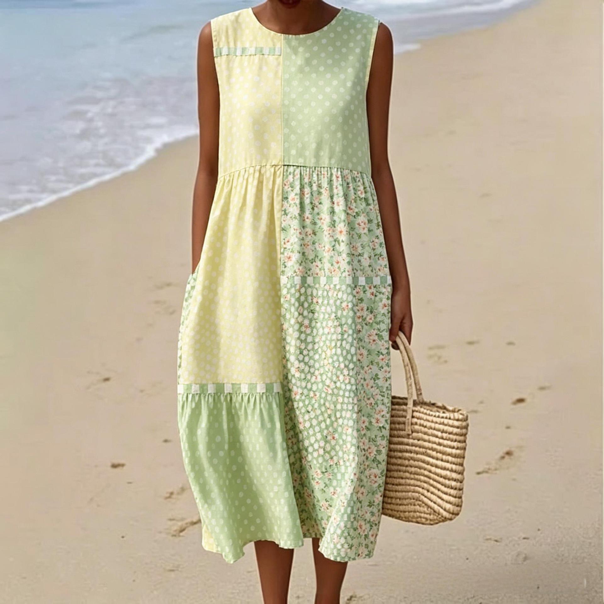 Summer new casual print sleeveless dress vacation seaside essential high-end print dress S