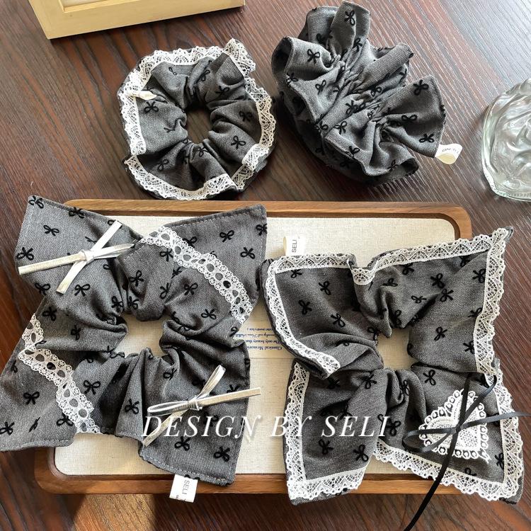 Gray Ballet Style Premium Handmade Lace Bow Hair Tie Scrunchie Bun Hair Accessories