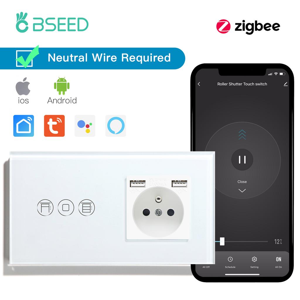 BSEED Zigbee Smart Roller Shutter Switches Light Blinds Switch Tuya Smart Life Plus French Wall Sockets USB Type-c Glass Panel