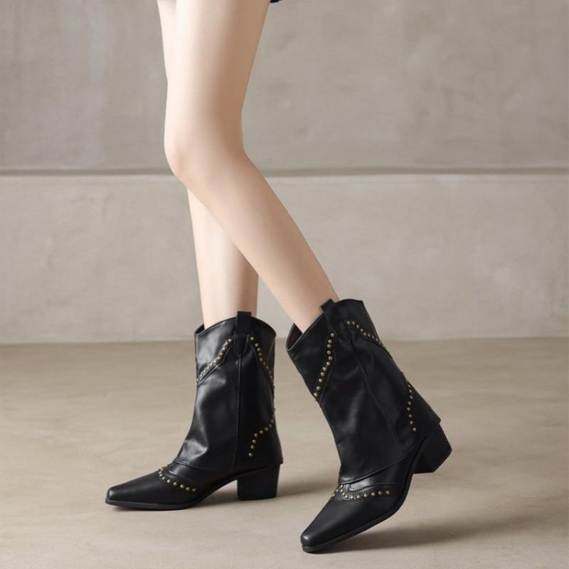 Style Wasteland Pantalons Vintage Bottes Western Bottes Noires Montantes au Genou Femmes Marron Maillard Rivets Punk Chaussures d'Hiver