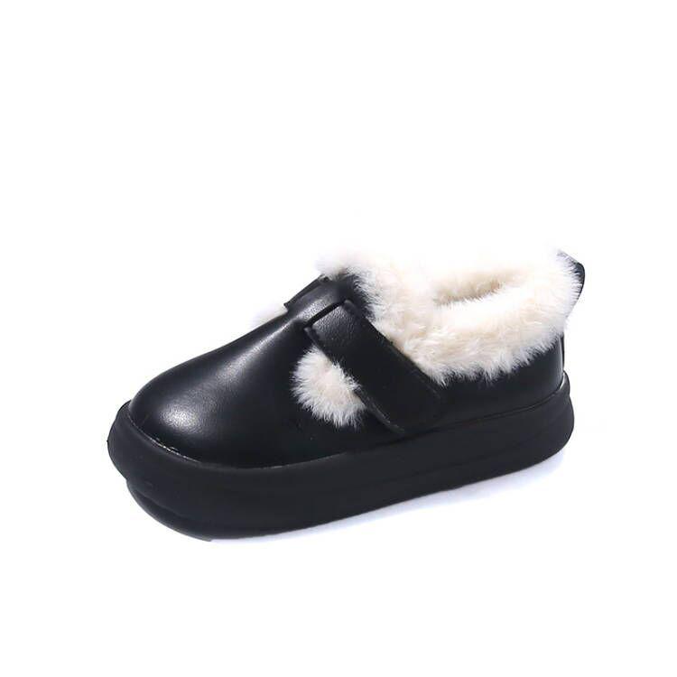 Korean Style Girls' Plush Cotton Velcro Leather Shoes - Thick Sole, Warm for Autumn/Winter 2025