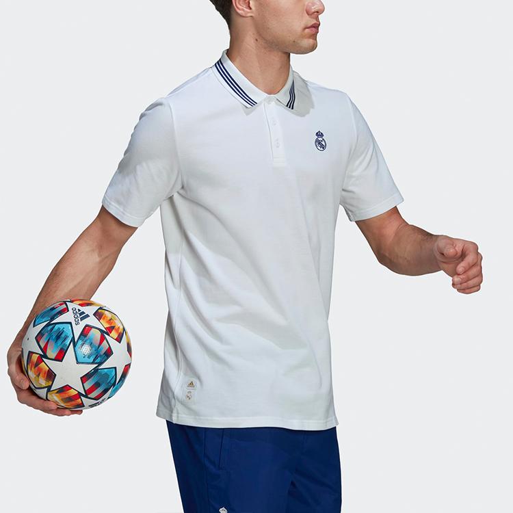 Adidas Real Madrid Football Series Solid Stripe Casual Short Sleeve Polo Shirt Men Tops White H59050