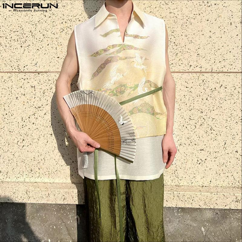 INCERUN Men Lapel Neck Sleeveless Fake Two-piece Print Casual Tank Tops