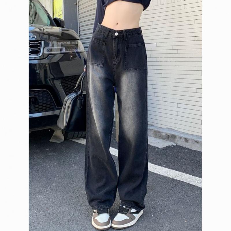 Autumn Women's High-Waist Washed Black Retro Wide-Leg Jeans