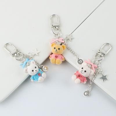 Lovely Flocking Bear Animal Keychain Pendant Mobile Phone Chains Fluffy Cute Bow Star Bag Hanging Ornaments Accessories Gifts