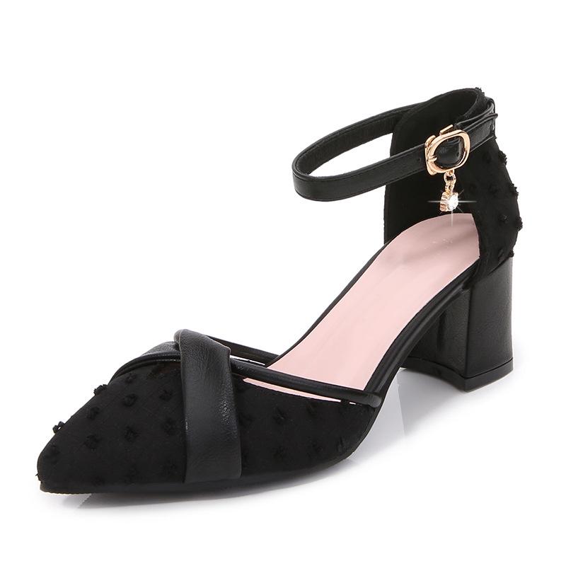 Women s French Style Chunky Heel Sandals, 2026 Summer Collection: Single Strap, Pointed Toe, Mid Heel, Fairy Style. 39 чёрный