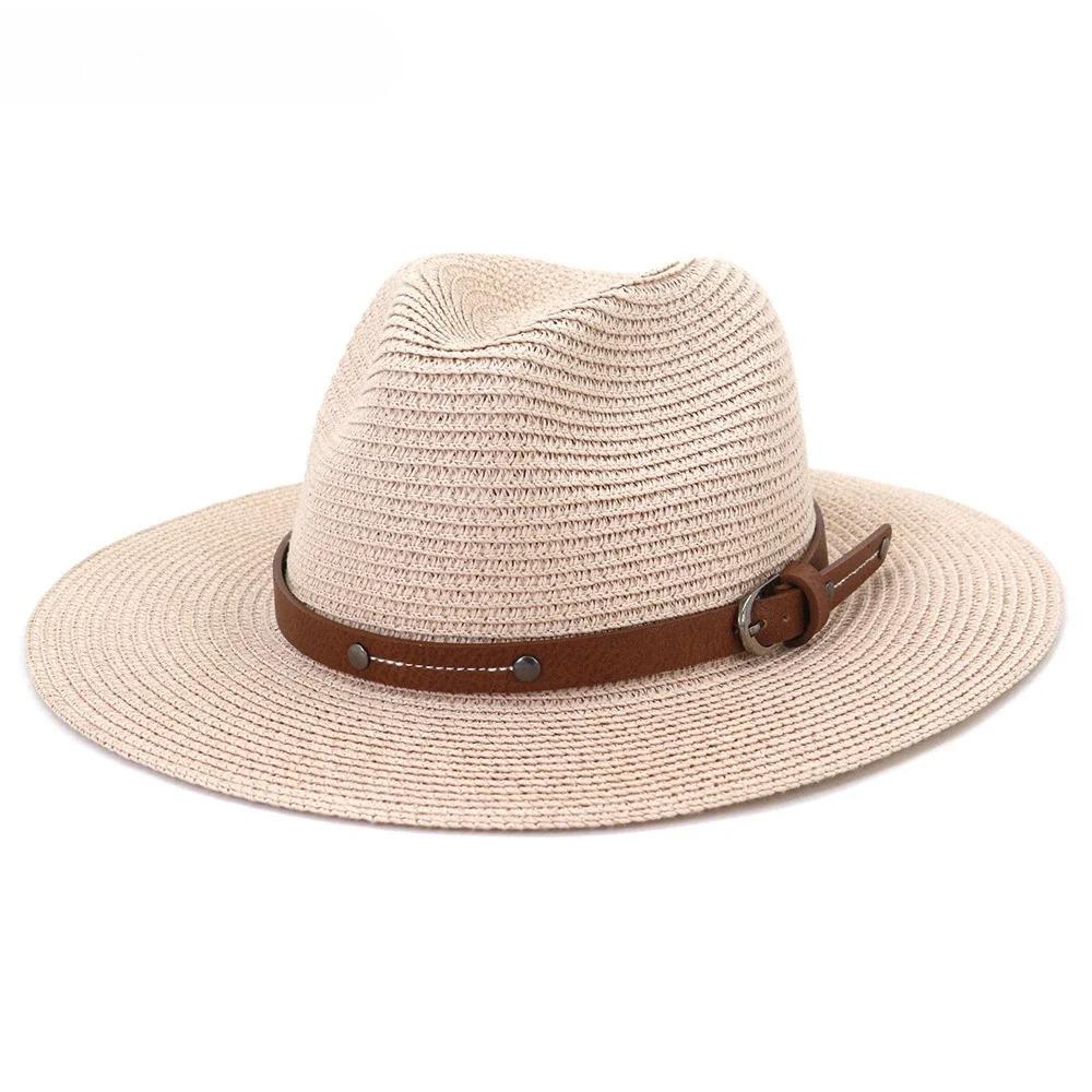 Navy Panama Hat Straw Summer Hats for Women Men Fedora Wide Brim Belt Decorate Male Female Jazz Sombrero Cap Black Pink New