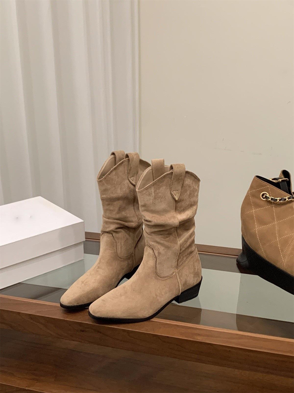 Coarse Heel Khaki Suede Pile Medium Knight Boots Women s Boots Season Pointed Head V Mouth Skinny Short Boots 35