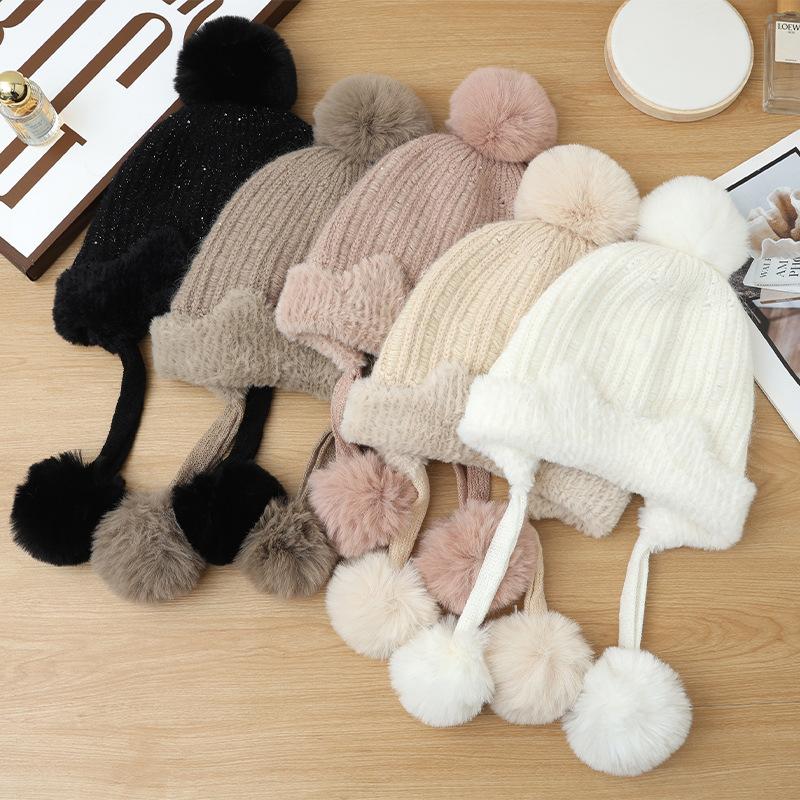 Korean New Style Lazy Style Curled Thick Plush Hat Cute Ball Wool Hat Autumn and Winter Casual Cold Warm Hat