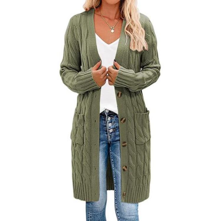 Button Up Knitting Jacket Women Sweater Cardigan Solid Color V Neck Long Sleeve Twist Texture Tops with Pockets
