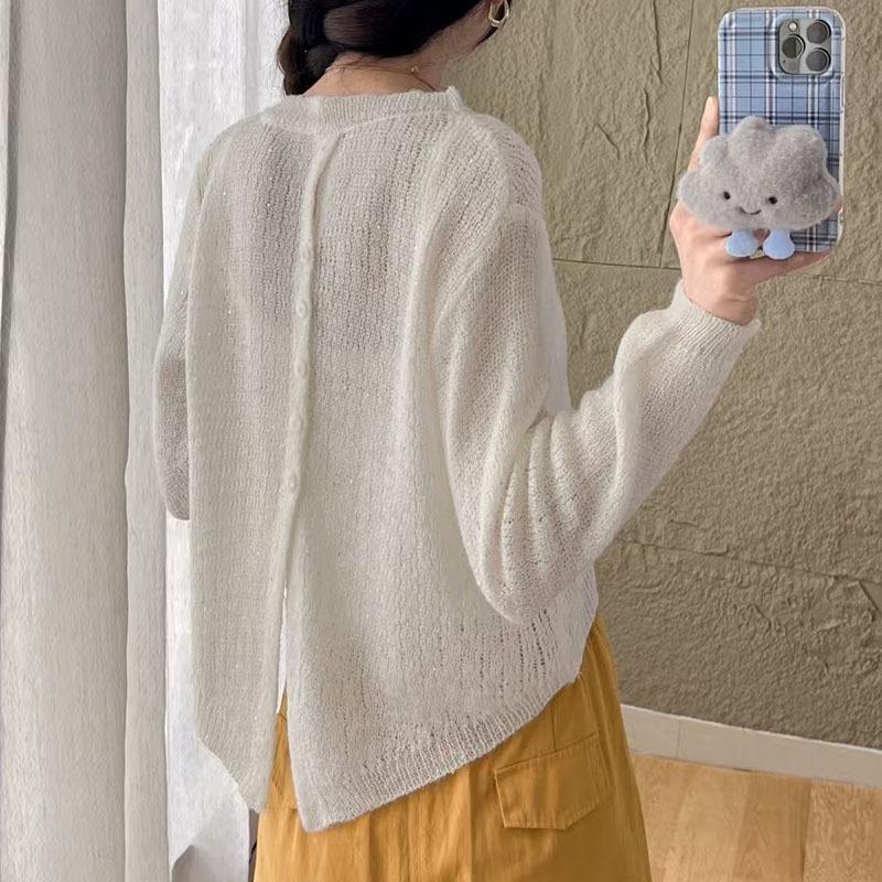 Spring New Back Button Design Knitted Blouse Women's Short Bright Silk Thin Sweater Long Sleeve Hollow Shirt