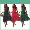 Elegant Women Polka Dot Boho Ruffle Maxi Beach Dress With Square Neckline