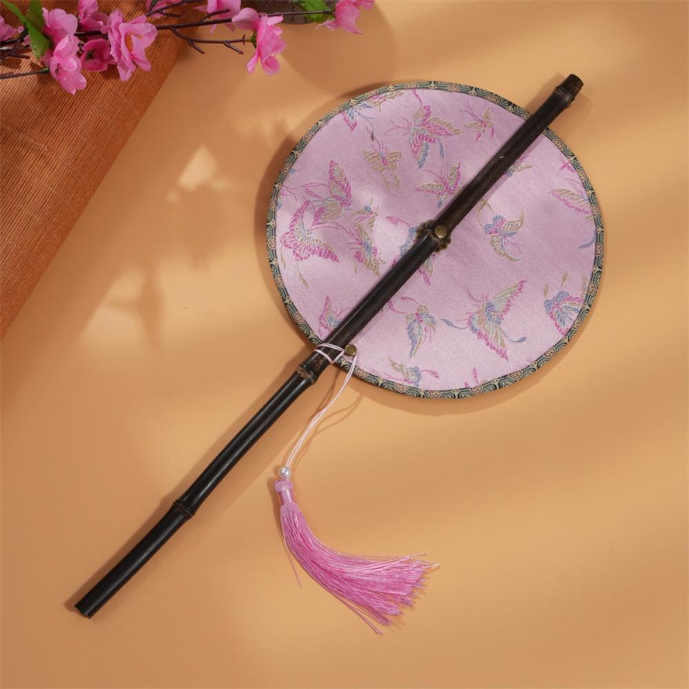Rollable Long Handle Fan Rotatable Group Fan Portable Chinese Bamboo Waist Fan  Gifts