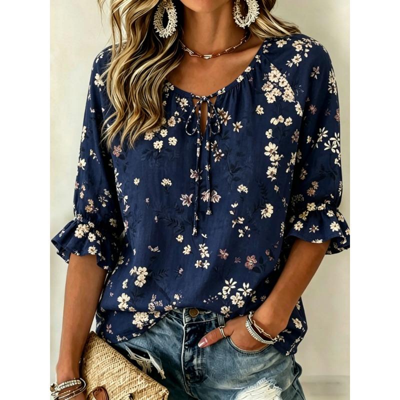Women's White Lace Floral Print Tie Neck Blouse, Casual Loose Tops for Spring Summer Daily Wear & Vacation Occasions