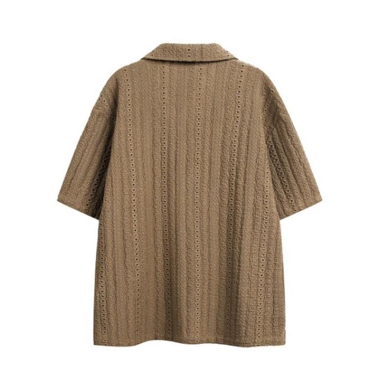 New Summer Breathable Hollow Out Short Sleeve Shirt Men's Loose Casual Retro Top