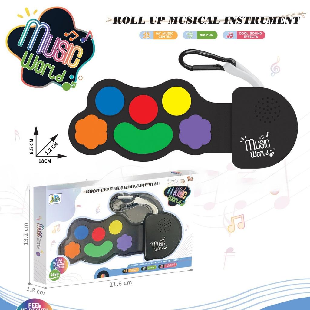 Rainbow Mini Guitar Hand Roll Instrument, Foldable Silicone Hand Drum Piano Electronic Keychain Pendant